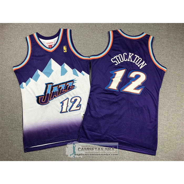 Camiseta Nino Utah Jazz John Stockton NO 12 Hardwood Classics Throwback 1996-97 Violeta